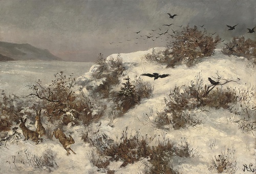 Winter landscape with hares