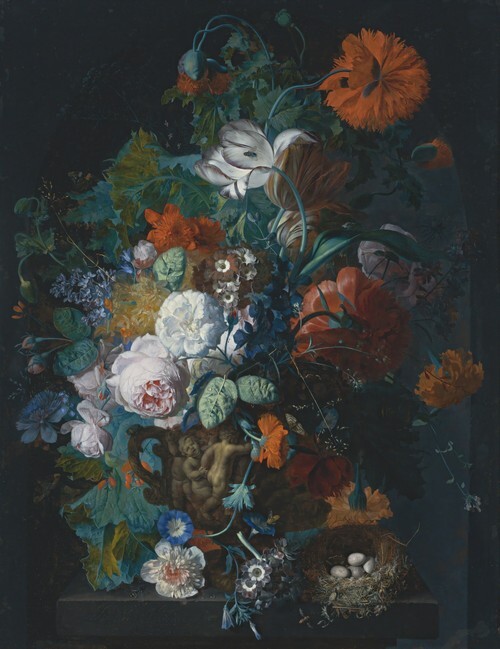 Still Life of Roses, Tulips, Peonies and other Flowers in a Sculpted Stone Vase, Together with a Bird's Nest on a Stone Pedestal before a Niche