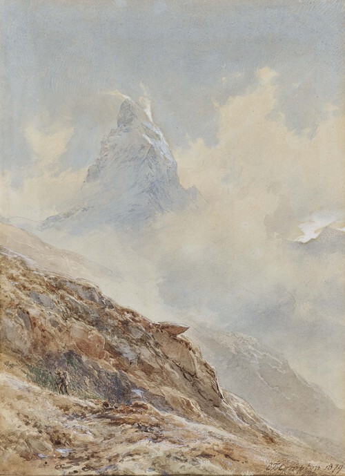Wanderer before the Matterhorn with Cloudy Sky