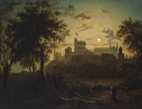 Figures before Windsor Castle, by moonlight