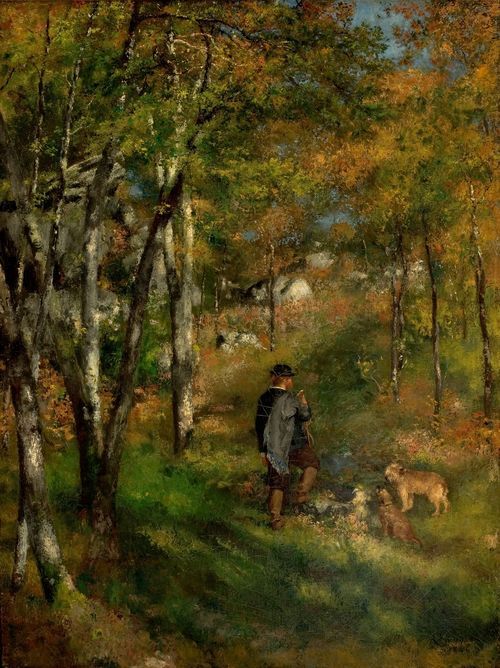 Jules Le Coeur and his dogs in the forest of Fontainebleau