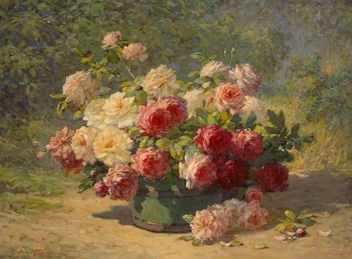 A Mixed Bouquet of Roses in a Green Barre