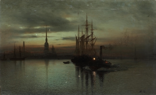 Seascape of a Ship at Twilight