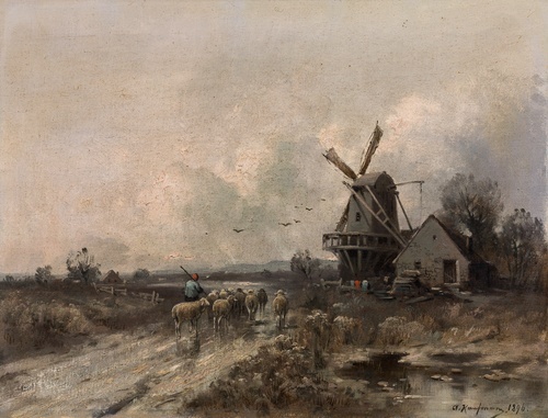 Landscape with flock of sheep and wind mill