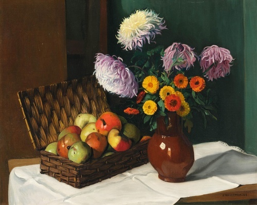 Chrysanthemums and a Basket of Apples