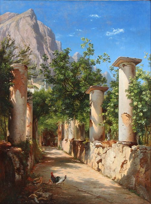 Ancient columns, Italy. In the background figures at the well. Pres. from Capri.
