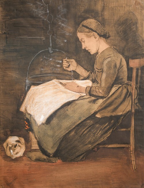 Woman sewing and cat