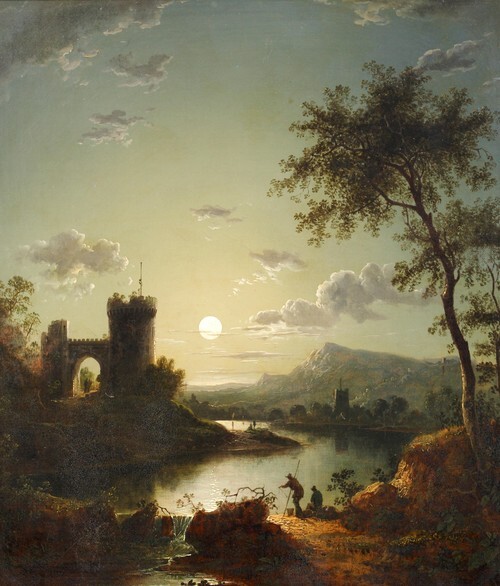 Moonlit Fishing Scene by Castle Ruins