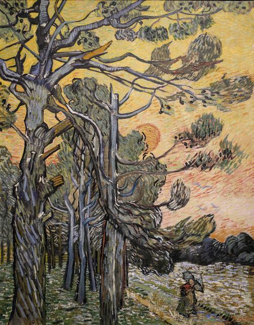 Pine with female figure in the sunset