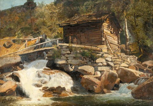 Norwegian Landscape with Wooden Cabin by a Mountain Stream