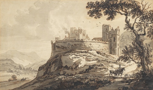 St Donat's Castle with a rider and dogs in the foreground