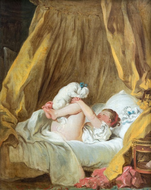 Young Girl in Bed Playing with Her Dog
