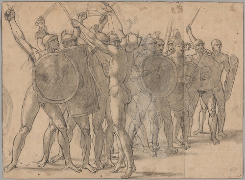 Nude Soldiers Gesticulating with Their Weapons