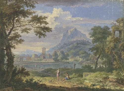 Landscape with an Italian City near a High Mountain, the Ruins of a Temple on the Right, Two Figures and a Dog in the Foreground