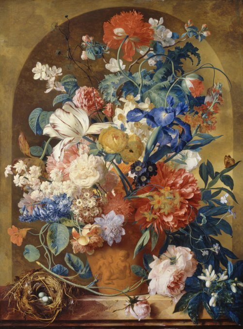 Still life of flowers in a terracotta vase, before a niche