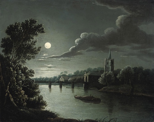 A Moonlit River Landscape with Figures on a Boat, a Church Beyond