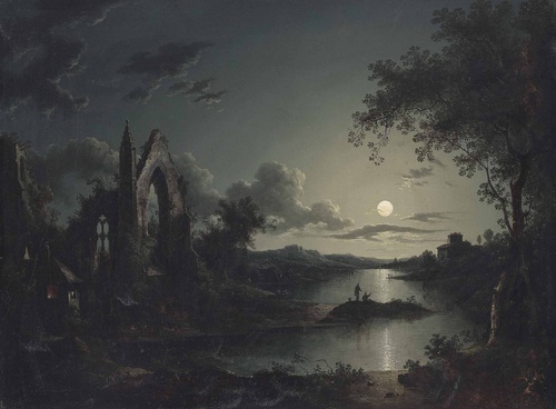 Moonlit Lake Landscape with Ruined Abbey and Fishermen on a Promontory