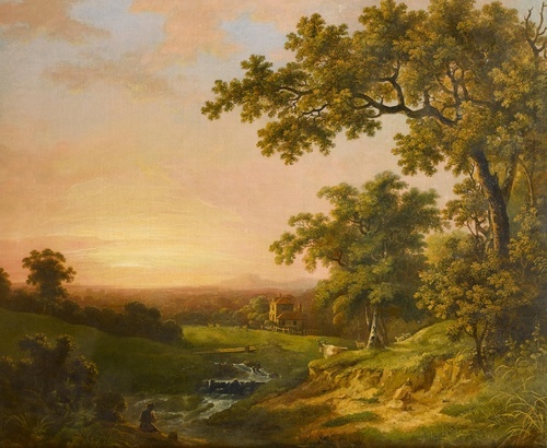 A River Landscape at Sunset with a Fisherman on the Bank