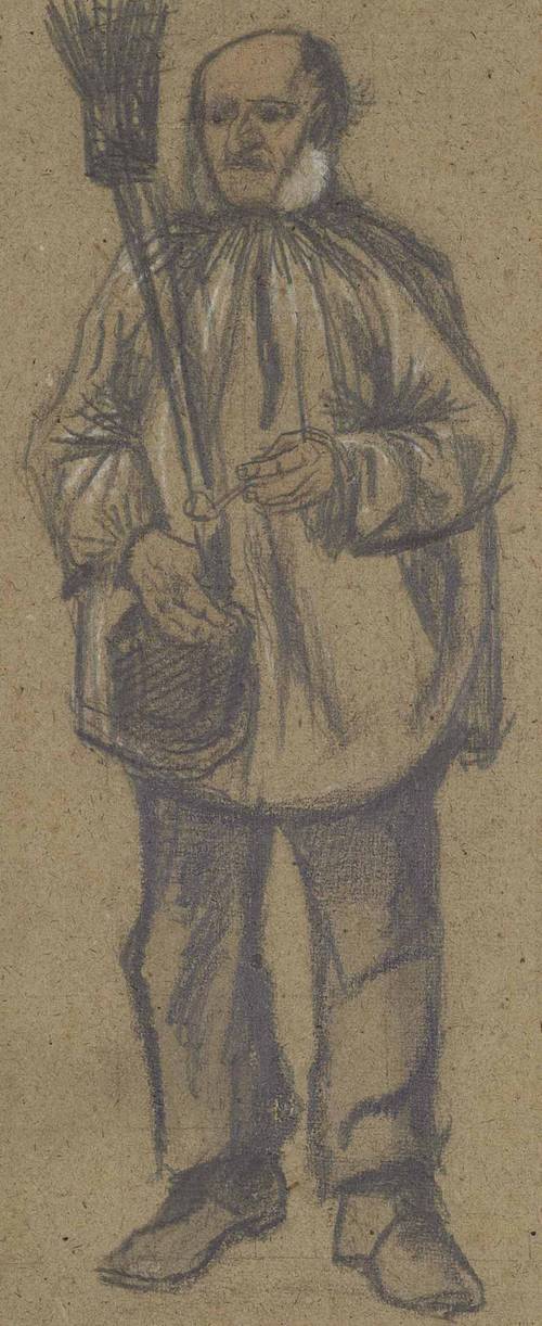 A lonely man wearing a shirt, holding a broom and a pipe