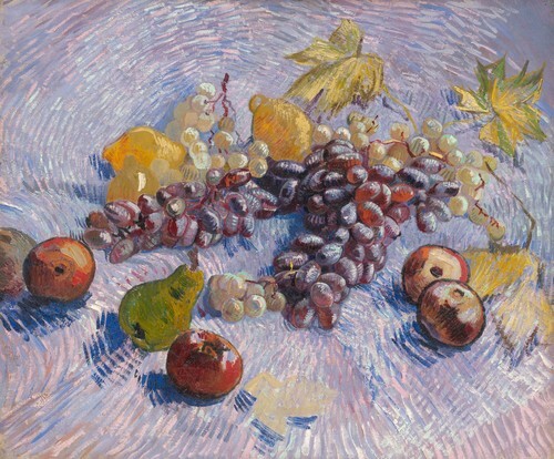 Grapes, Lemons, Pears, and Apple
