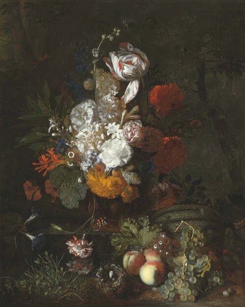 A still life with flowers and fruits with a bird's nest and eggs