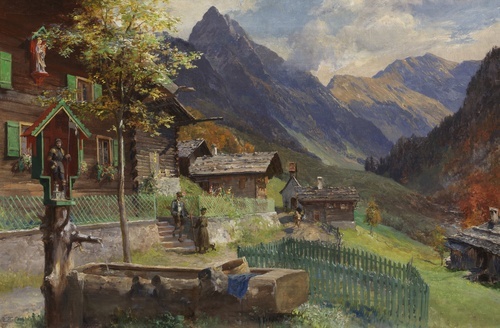Gerstruben at the Village Fountain with a View of the Höfats 1907