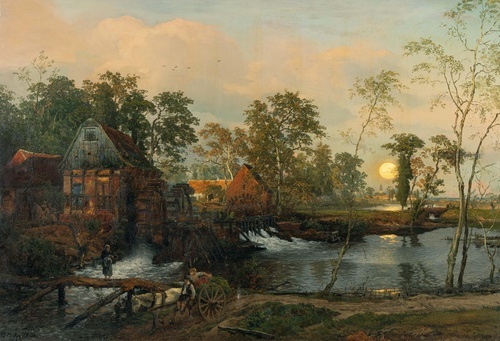 Full moon landscape with water mill