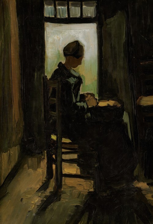 Woman Seated Before an Open Door, Peeling Potatoes