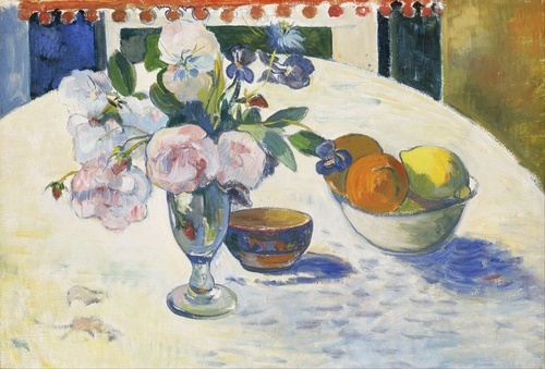 Flowers and a Bowl of Fruit on a Table