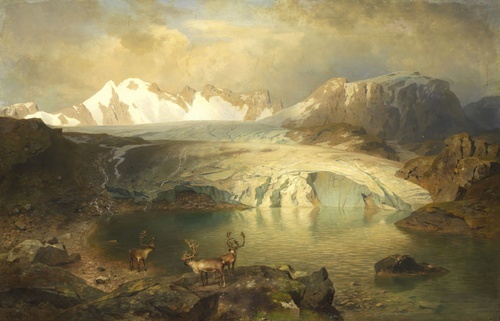 Fjord landscape with a glacier and reindeer