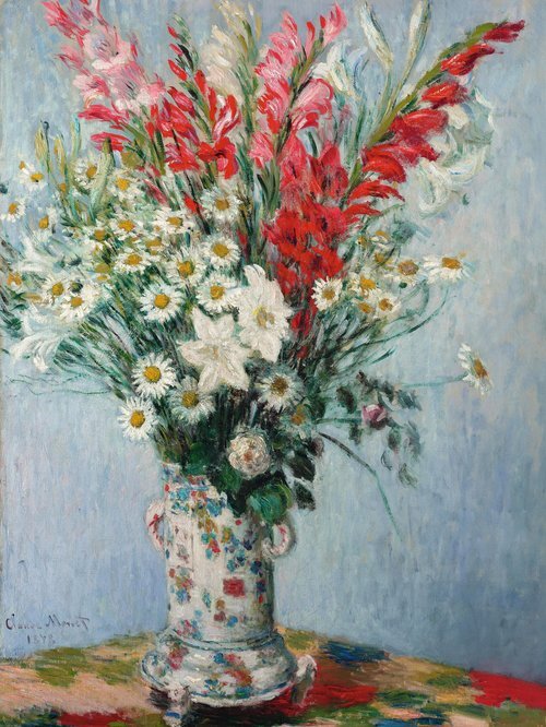 Kytice gladiol, lilií a sedmikrásek