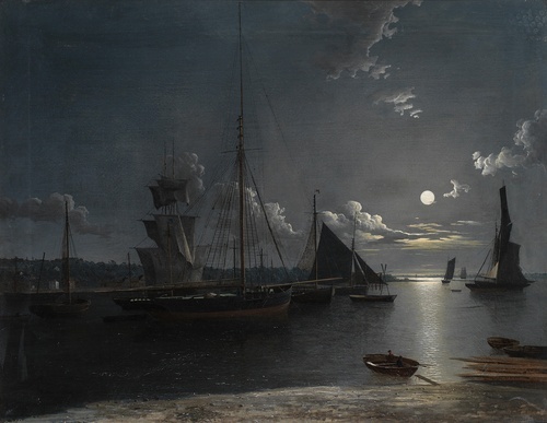 Fishing and other vessels on a moonlit estuary