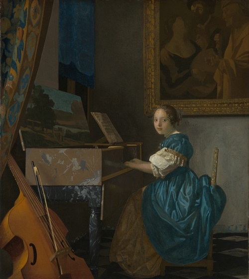 A young woman seated at a virginal