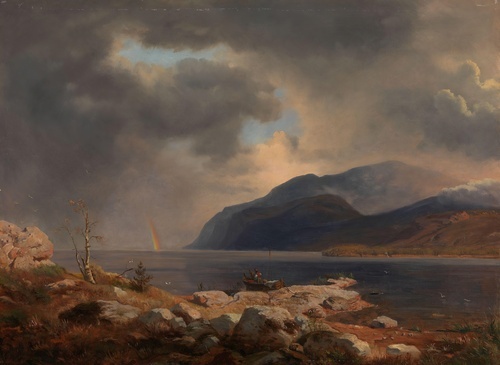 Norwegian Fjord Landscape with Rainbow