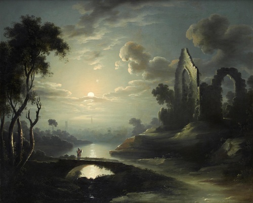 Traveler in a moonlit riverscape