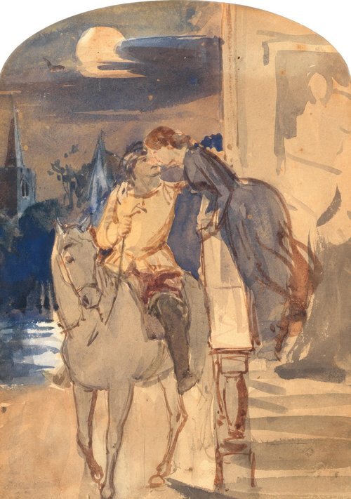Lovers embracing by moonlight