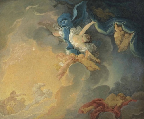 The goddess Aurora triumphs over night, announcing Apollo in his chariot, while Morpheus sleeps