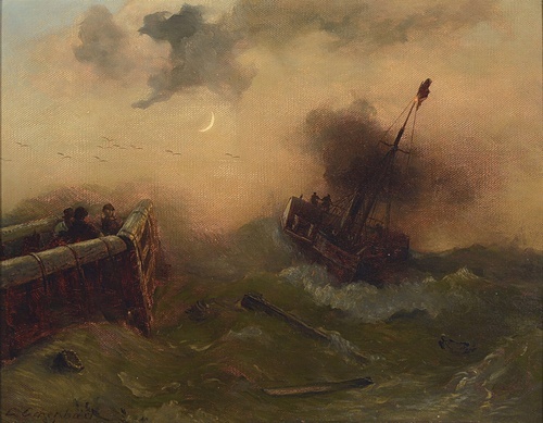 Sailing Ship in Distress Under a Pale Crescent Moon