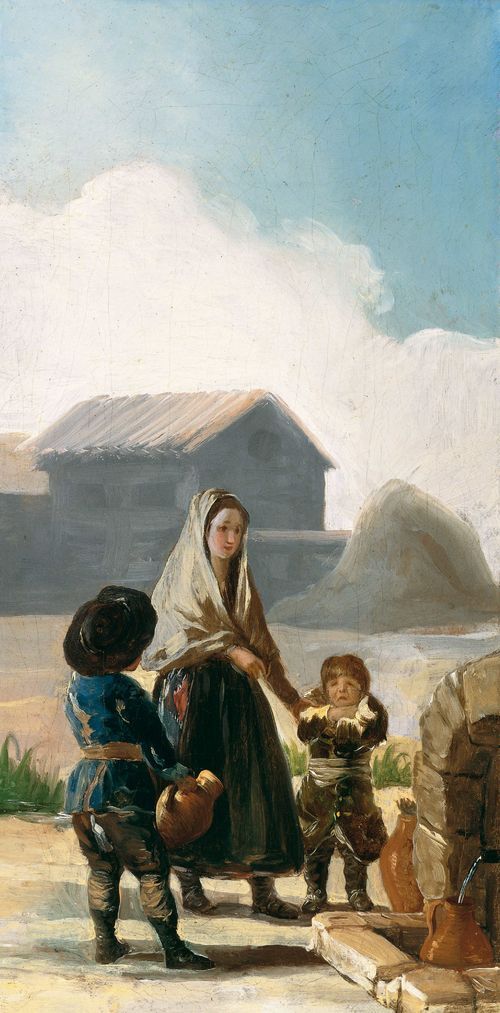 A Woman and Two Children by a Fountain