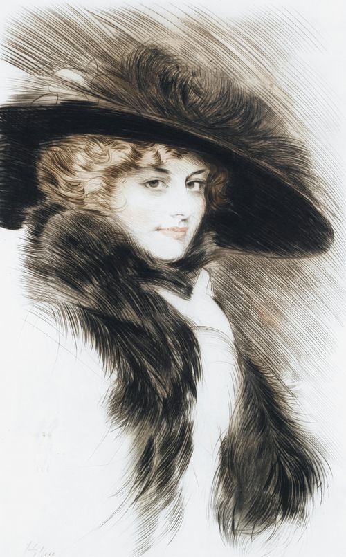 Woman with Fur Collar and Large Hat