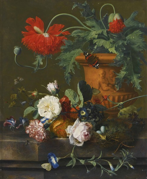 Still Life of Poppies in a Terracotta Vase with Roses and Carnation