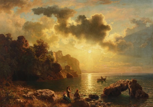Large Sunset Bay Scene with Figures and Villa