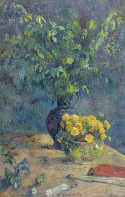 Two Vases of Flowers and a Fan