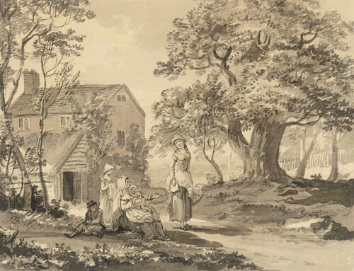 A mother with her children asking for money by a country lane
