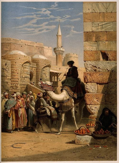 An Egyptian Street Scene with a Man Smoking and Riding a Camel