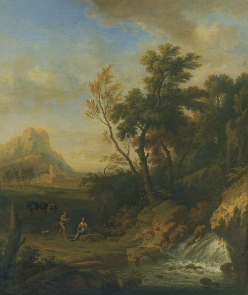 An Italianate Landscape with Peasants Conversing by a Waterfall