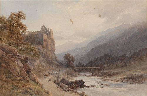 Castle Ruins by a River in the Mountains