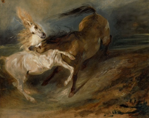 Two Horses Fighting in a Stormy Landscape
