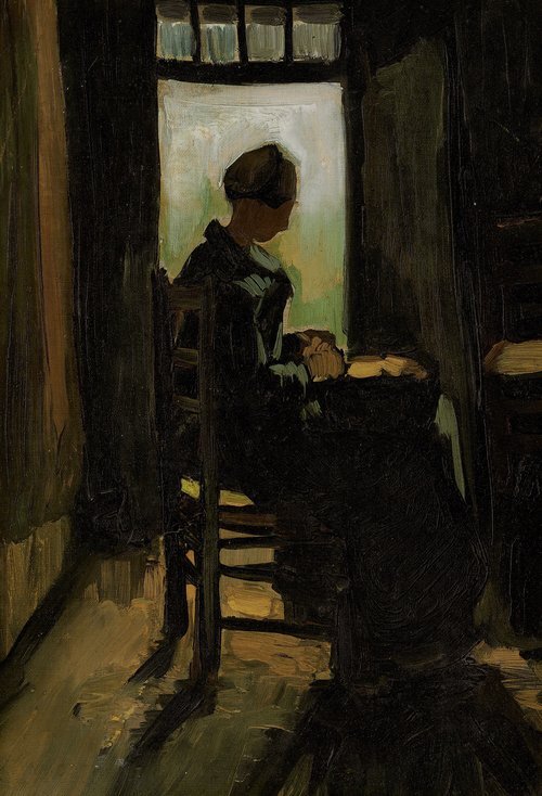 Peasant woman seated before an open door, peeling potatoes