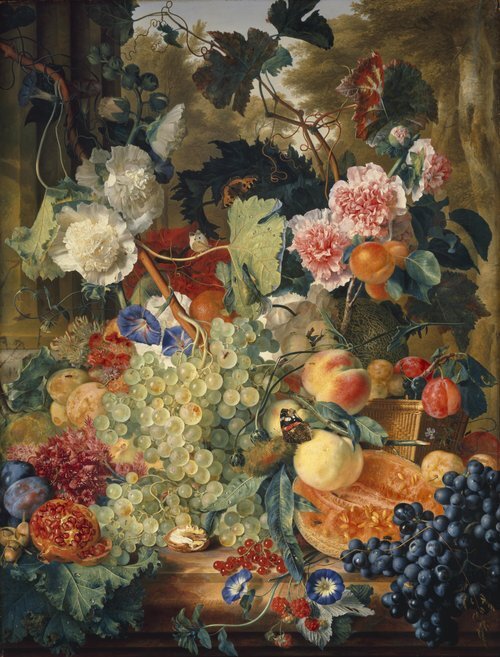 Still life of flowers and fruit on a marble slab